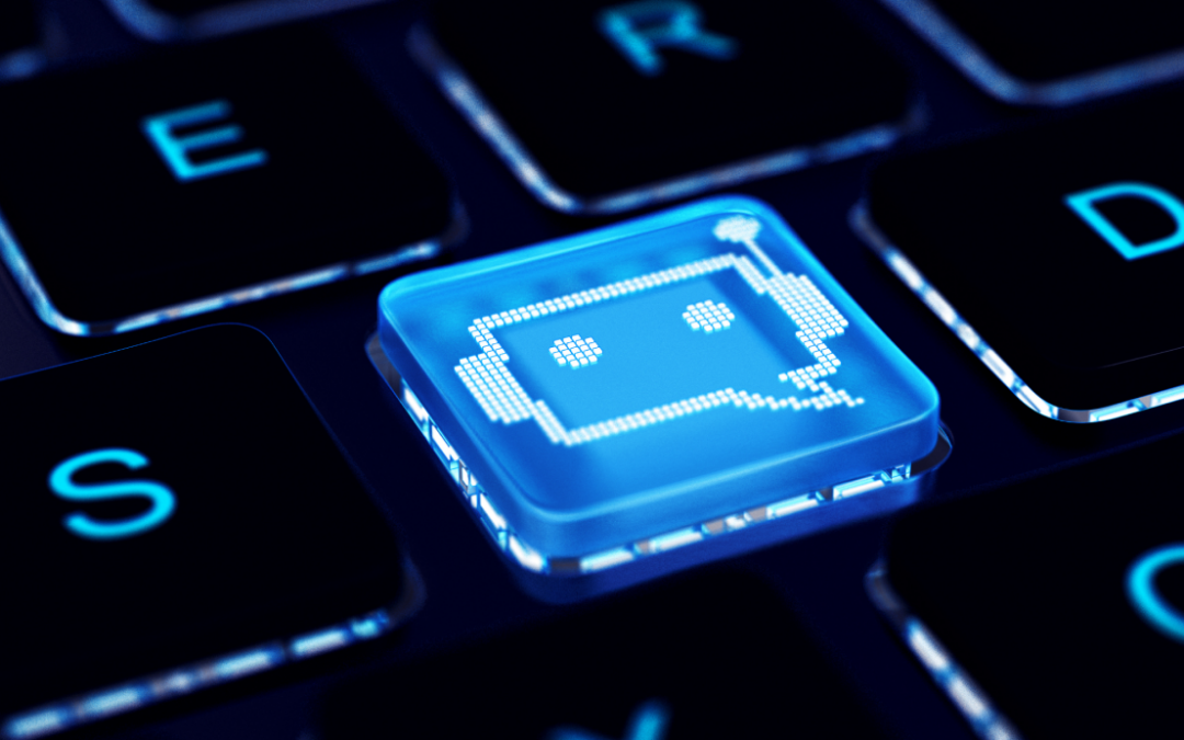 Close-up of a keyboard with a glowing blue key featuring a chatbot icon, symbolizing AI technology and digital communication advancements.