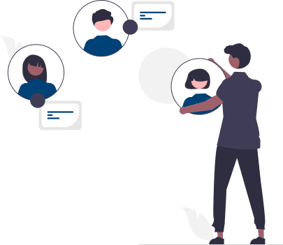 An IT Staff Resource Augmentation team being put together by a Project Manager. The project manager is standing to the right, and wears a grey tshirt and black trousers. The other three team members are visible inside white circles and wear blue shirts. Each has a speech bubble next to them.