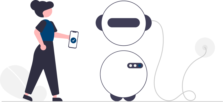 An AI Solution consultant facing a white robot plugged into a charging cable. The consultant is holding a mobile phone with AI software successfully being downloaded onto it.