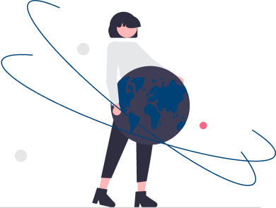 An Infotel IT Consultant stands behind a grey globe, surrounded by its rings. She wears a white top and black trousers,