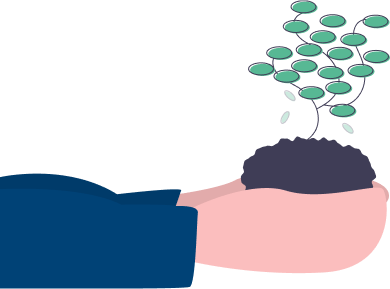 A pink pair of hands coming out of a pair of blue sleeves holds a sapling with green leaves.