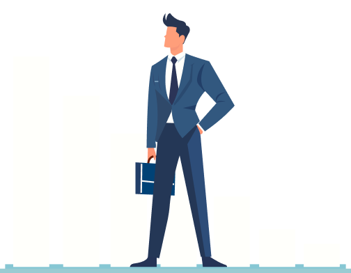 Investors- hero section An Investor wearing a blue suit stands in front of a rising line graph, with a white arrow indicting its growth.