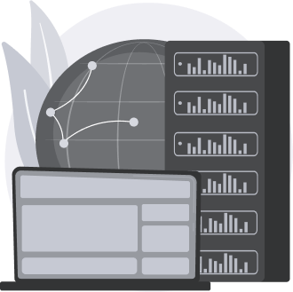 A grey data base with a grey globe next to it, with a grey laptop in the forefront of the image.