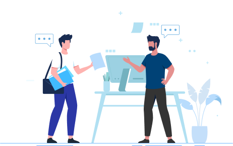 Two employees face eachother against a blue background