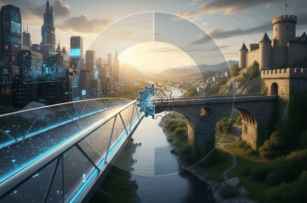 A blue, futuristic city opposite an old castle, showing the contrast between technical and traditional project management